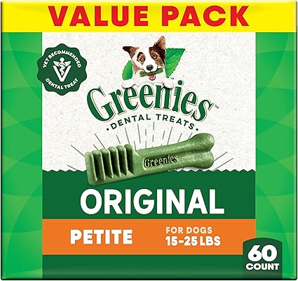 Greenies Veterinarian-Recommended Adult Natural Dental Dog Treats Petite Size, Daily Treating, Helps Clean Teeth and Freshen Breath, Original Flavor, 36 oz. Pack, 60 Count