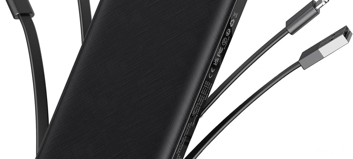 charmast Portable Charger with Built in Cables, Power Bank with Cords Wires, Slim 10000mAh Travel Battery Pack 6 Outputs 3 Inputs 3A Fast Charging for Samsung Google Pixel LG Moto iPhone iPad