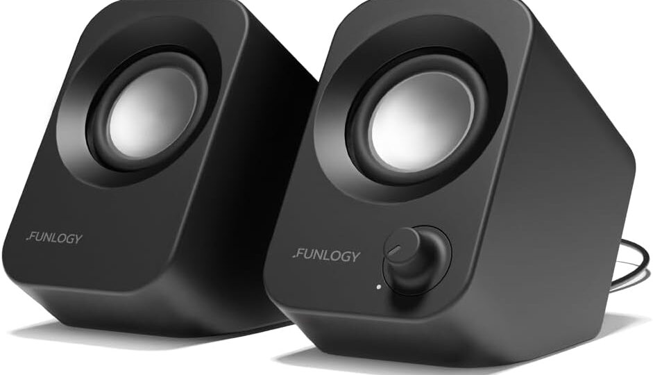 FUNLOGY 14W USB Powered PC Speakers | Stereo Sound, Compact Design, 30° Tilt, Volume Dial – For Desktop & Laptop