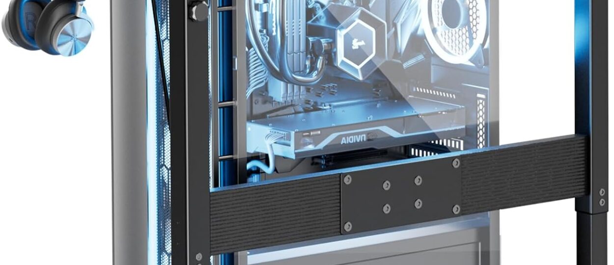 JANE EYRE Adjustable PC Tower Stand with Charging Station – Mobile CPU Holder with Wheels, Height Adjustable 25.9"–34.9", Large Home Office & Gaming Stand