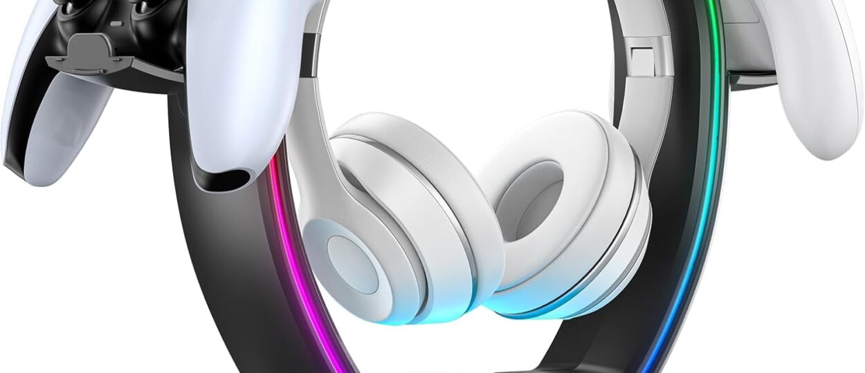 KDD RGB Gaming Headphone & Controller Stand with 9 Light Modes – Foldable Desk Holder with Cable Organizer for Gamers