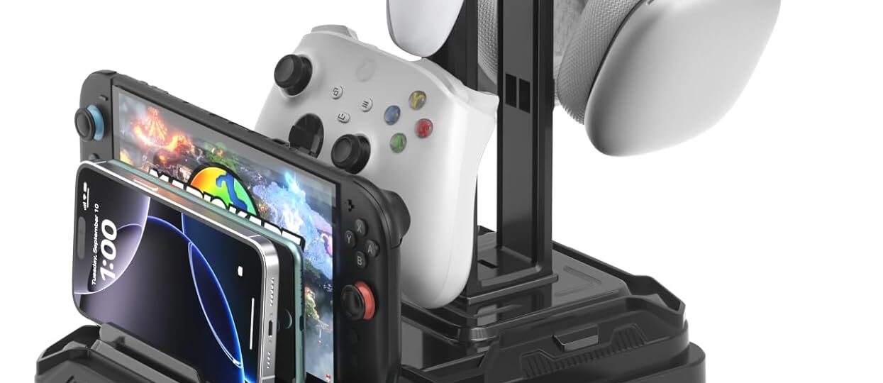 KDD Rotatable Headphone Stand with Drawer – Multifunctional Gaming Headset & Controller Holder with Device Slot