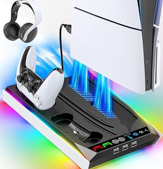 PS5 Multi-Function Cooling Stand for PS5/Slim/Pro – RGB Lighting, Dual Controller Charging & Auto Cooling Fan