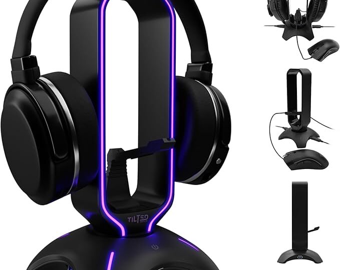 Tilted Nation RGB Gaming Headset Stand with Mouse Bungee & USB Hub – Desk Organizer Headphone Holder
